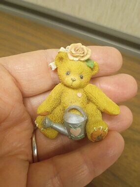 Vintage Teddy Bear Watering Flowers Enamel Lapel Pin